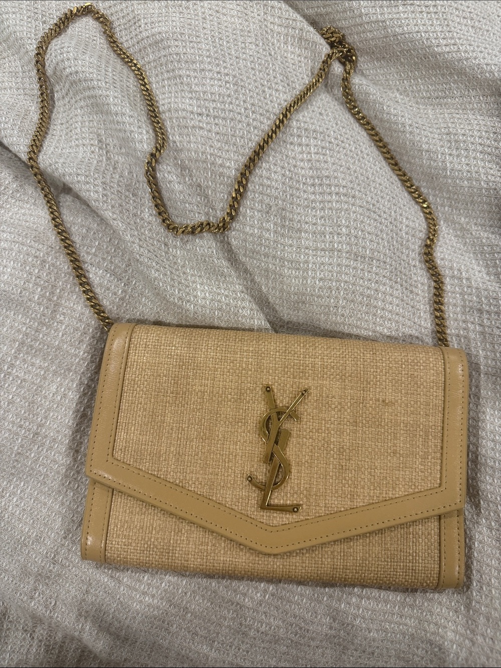 Saint Laurent Tan Raffia and Leather Crossbody with Gold Chain
